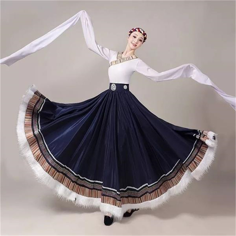 Tibetanski plesni kostim za žene – Top s vodnim rukavima i široka swing suknja, Chenille tkanina s Spandexom i Poliesterom, Proljeće 2025