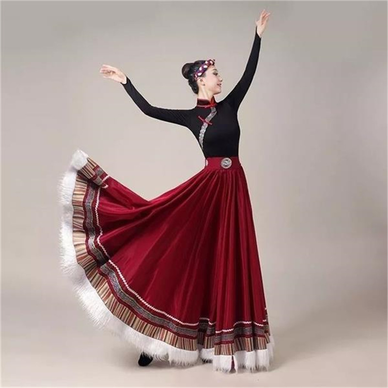 Tibetanski plesni kostim za žene – Top s vodnim rukavima i široka swing suknja, Chenille tkanina s Spandexom i Poliesterom, Proljeće 2025