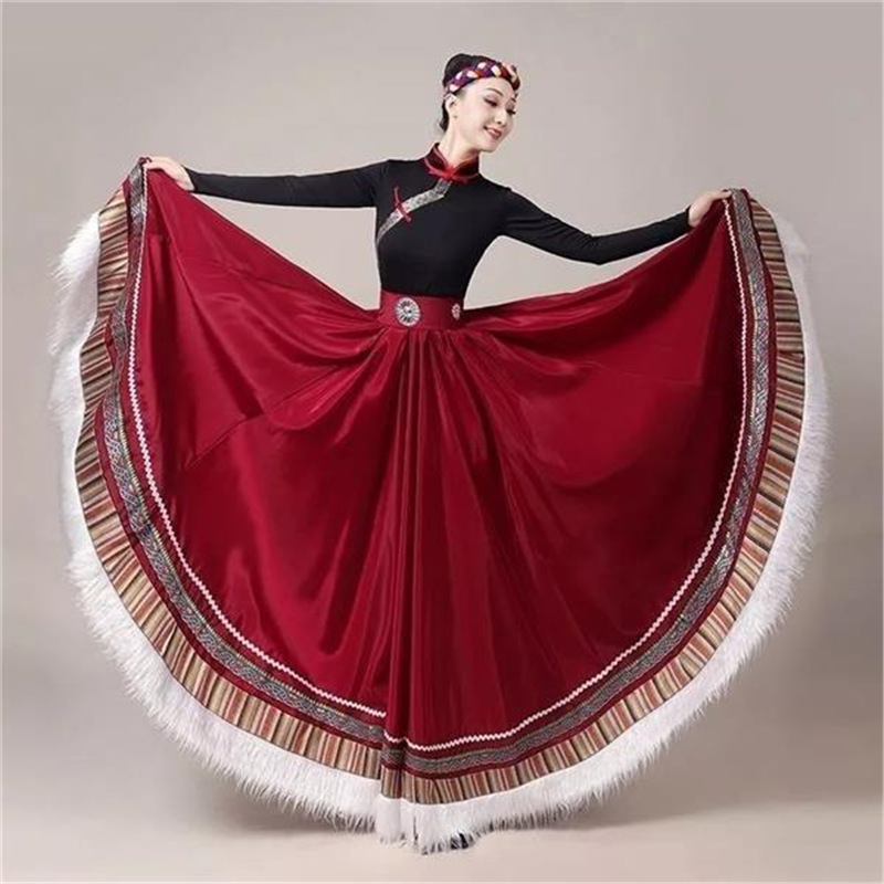 Tibetanski plesni kostim za žene – Top s vodnim rukavima i široka swing suknja, Chenille tkanina s Spandexom i Poliesterom, Proljeće 2025