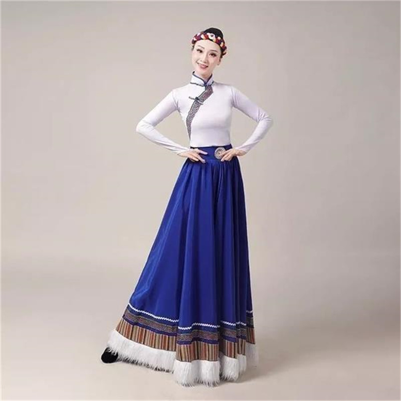 Tibetanski plesni kostim za žene – Top s vodnim rukavima i široka swing suknja, Chenille tkanina s Spandexom i Poliesterom, Proljeće 2025
