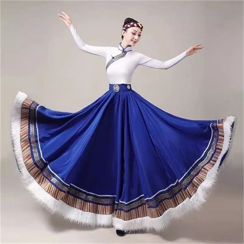 Tibetanski plesni kostim za žene – Top s vodnim rukavima i široka swing suknja, Chenille tkanina s Spandexom i Poliesterom, Proljeće 2025