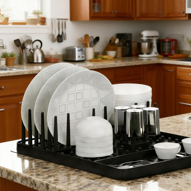 Covoraș silicon pentru scurgerea vaselor și raft de depozitare – pliabil, multifuncțional, detașabil, fără montaj, design dreptunghiular, pentru farfurii, boluri și tacâmuri pe blat, în colț sau în dulap