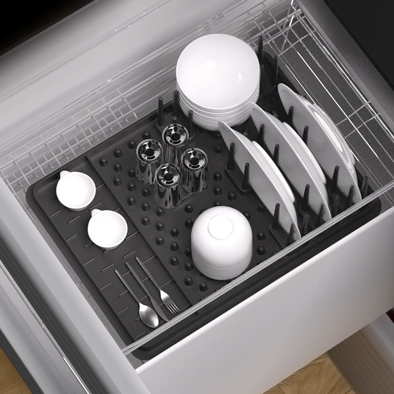 Covoraș silicon pentru scurgerea vaselor și raft de depozitare – pliabil, multifuncțional, detașabil, fără montaj, design dreptunghiular, pentru farfurii, boluri și tacâmuri pe blat, în colț sau în dulap