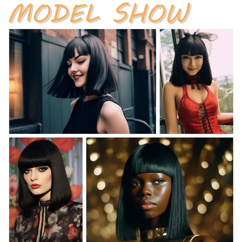 AS-032 Perucă scurtă, păr drept, breton Qi – fibre sintetice rezistente la temperaturi înalte, mecanism de procesare, modelarea feței