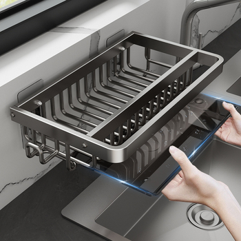 Raft de depozitare pentru chiuvetă — montaj pe perete, fără găuri, din aluminiu, organizator multifuncțional pentru bureți și cârpe