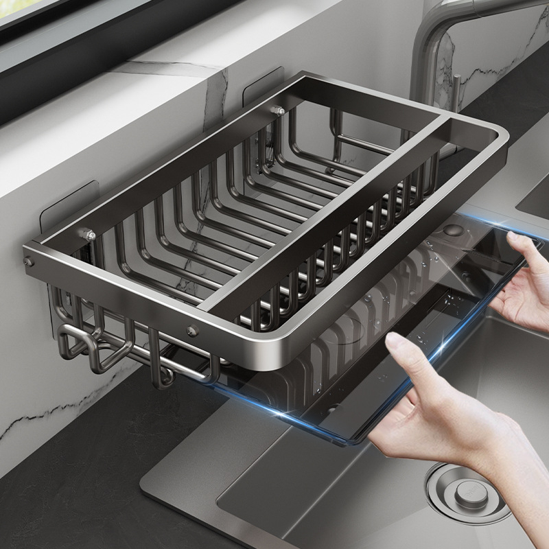 Raft de depozitare pentru chiuvetă — montaj pe perete, fără găuri, din aluminiu, organizator multifuncțional pentru bureți și cârpe