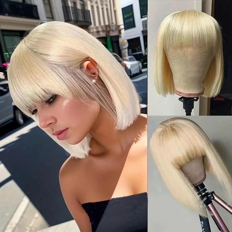 Perucă pentru păr scurt drept, breton, parte mijlocie, fibre rezistente la temperatură, capac cu mecanism, pentru femei