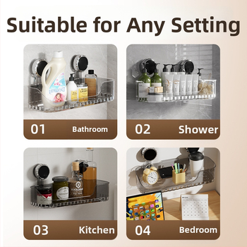 Raft de depozitare pentru perete cu ventuză – plastic, dreptunghiular, stil modern, organizator multipurpose pentru baie și bucătărie
