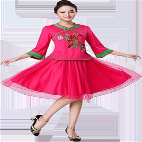 Costum de dans pentru dansul pătrat pentru femei, mijlocie și vârstnici; țesătură din mătase de lapte, 90% poliester; căptușeală din mătase de lapte; căptușeală poliester.