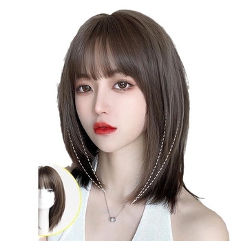 Perucă scurtă, păr drept, model A-08, Qi bangs, fibre rezistente la temperaturi înalte, volum natural pentru conturarea feței