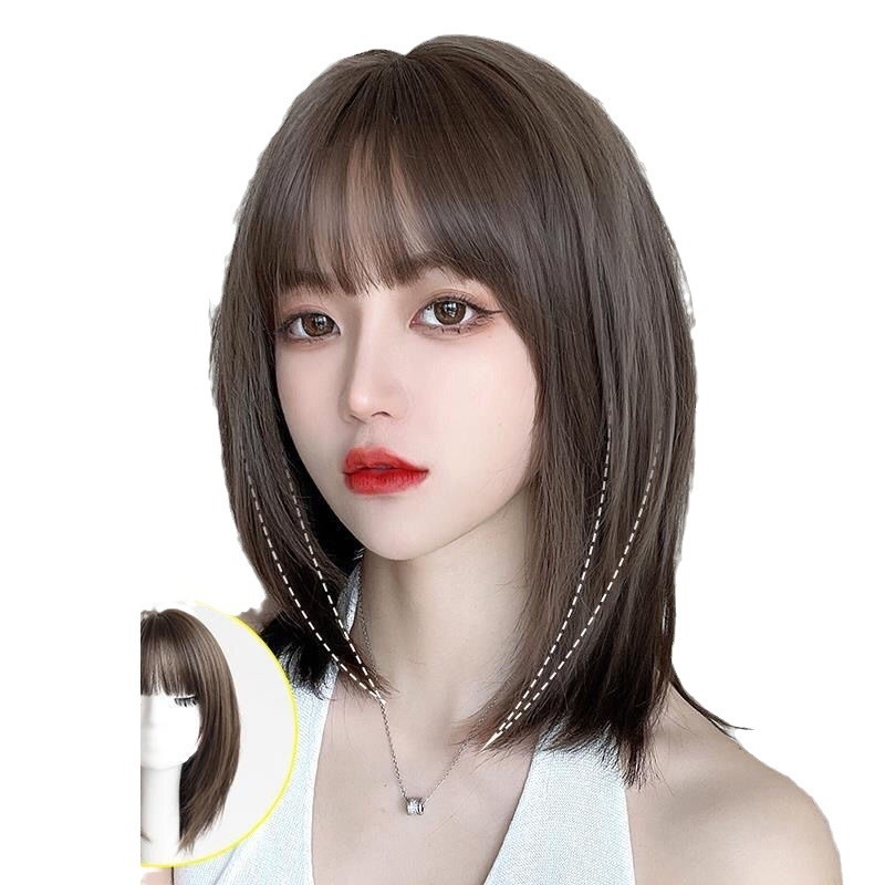 Perucă scurtă, păr drept, model A-08, Qi bangs, fibre rezistente la temperaturi înalte, volum natural pentru conturarea feței