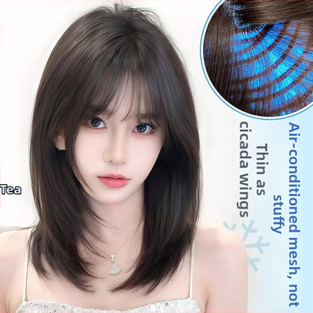 Perucă pentru femei, acoperire completă a capului, păr până la claviculă, fibră rezistentă la temperaturi înalte, breton drept sau înclinat, fără vopsire sau decolorare