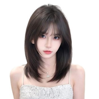 Perucă pentru femei, acoperire completă a capului, păr până la claviculă, fibră rezistentă la temperaturi înalte, breton drept sau înclinat, fără vopsire sau decolorare