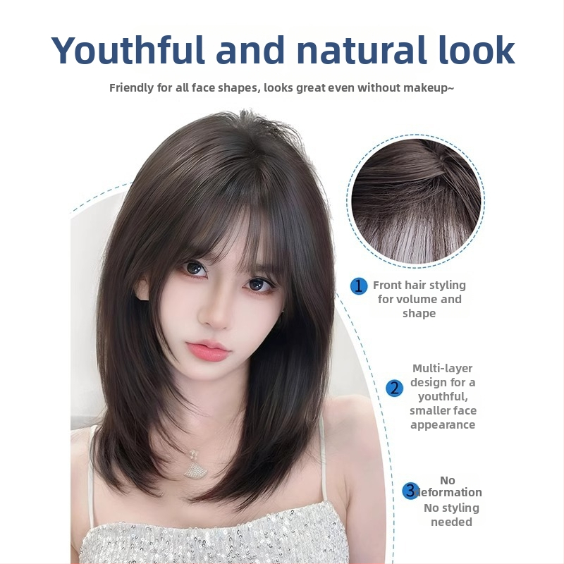Perucă pentru femei, acoperire completă a capului, păr până la claviculă, fibră rezistentă la temperaturi înalte, breton drept sau înclinat, fără vopsire sau decolorare