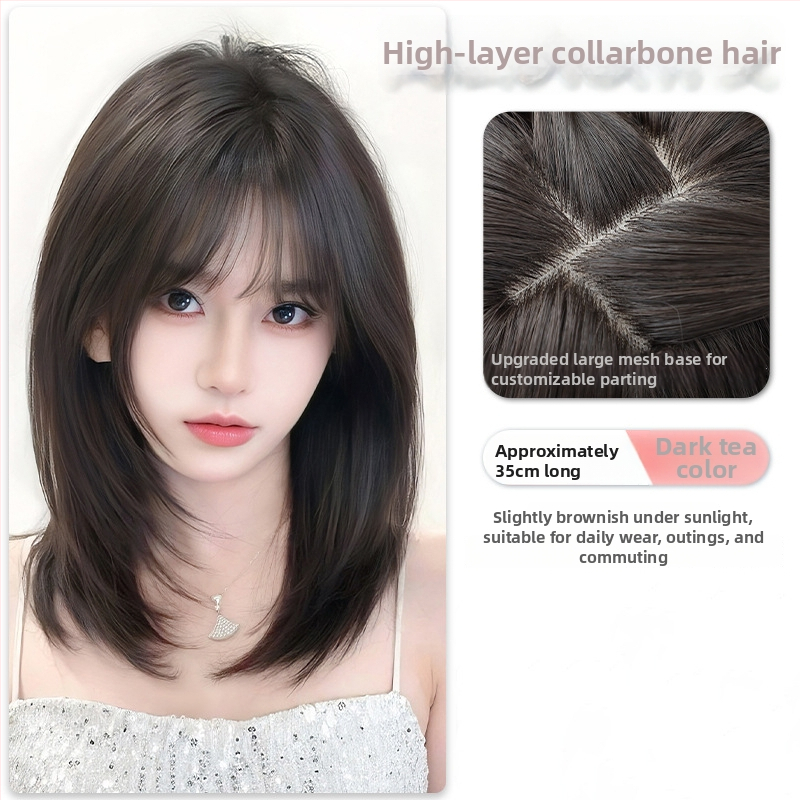 Perucă pentru femei, acoperire completă a capului, păr până la claviculă, fibră rezistentă la temperaturi înalte, breton drept sau înclinat, fără vopsire sau decolorare