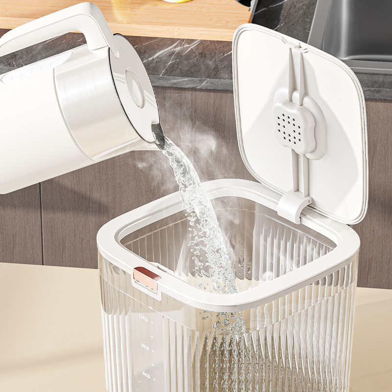 Recipient depozitare orez cu corp metalic, calitate alimentară, etanș, rezistent la umezeală și insecte, capacitate peste 10 L, stil lux ușor