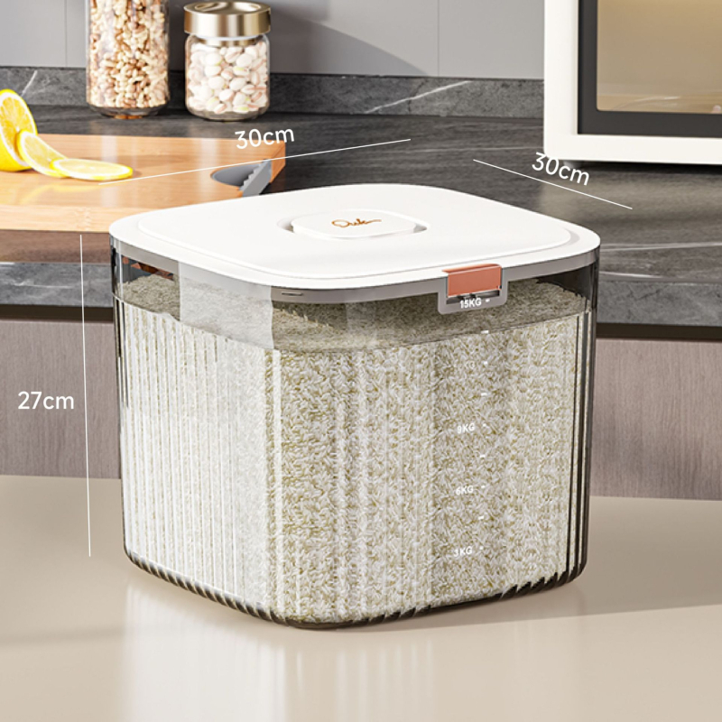 Recipient depozitare orez cu corp metalic, calitate alimentară, etanș, rezistent la umezeală și insecte, capacitate peste 10 L, stil lux ușor