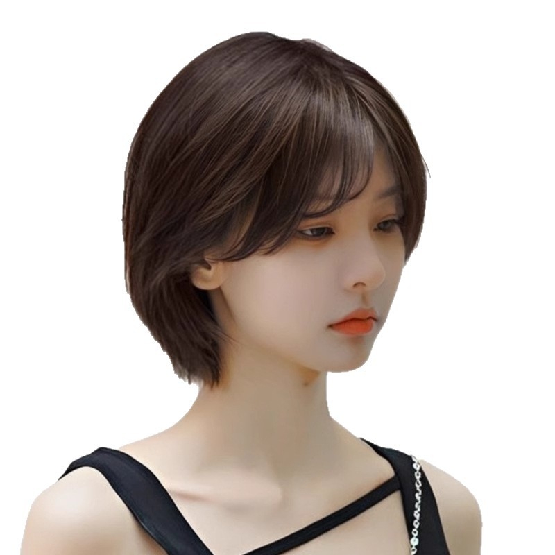 Perucă scurtă, păr drept, cu breton, stil coreean, material din fibre proteice, oferă volum, acoperire a firelor albe