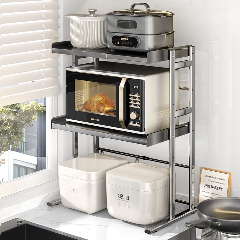 Dvojposchodový kuchynský regál na pulte — stojan na hrnce a koreniny, materiál: nerezová oceľ + uhlíková oceľ, model CW01978, značka Home Baili, moderný štýl