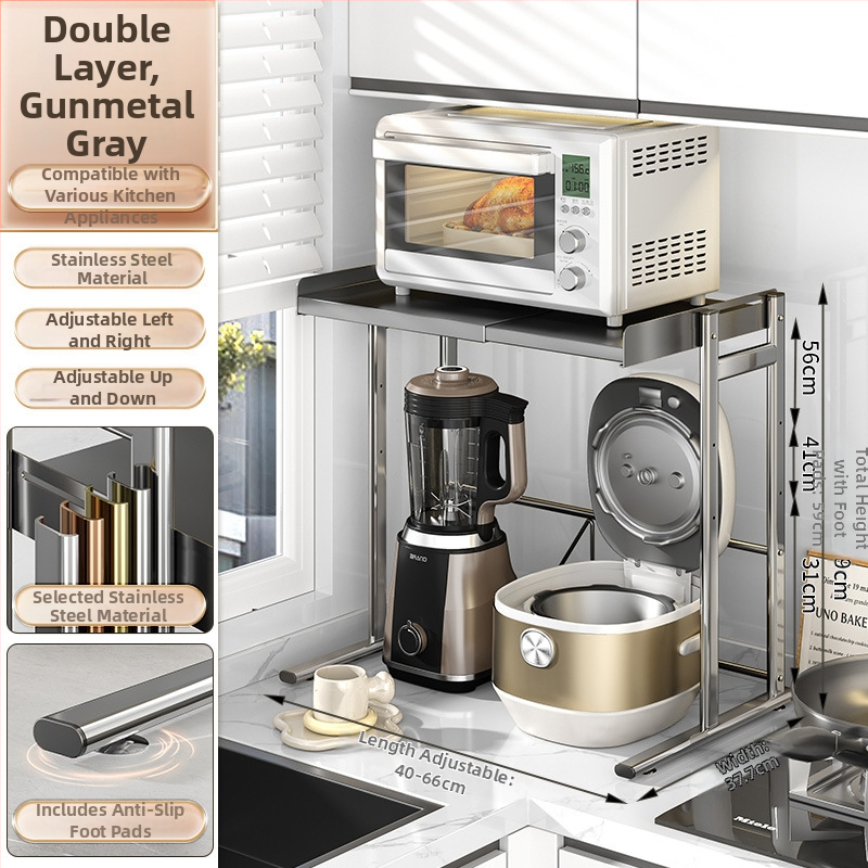 Dvojposchodový kuchynský regál na pulte — stojan na hrnce a koreniny, materiál: nerezová oceľ + uhlíková oceľ, model CW01978, značka Home Baili, moderný štýl