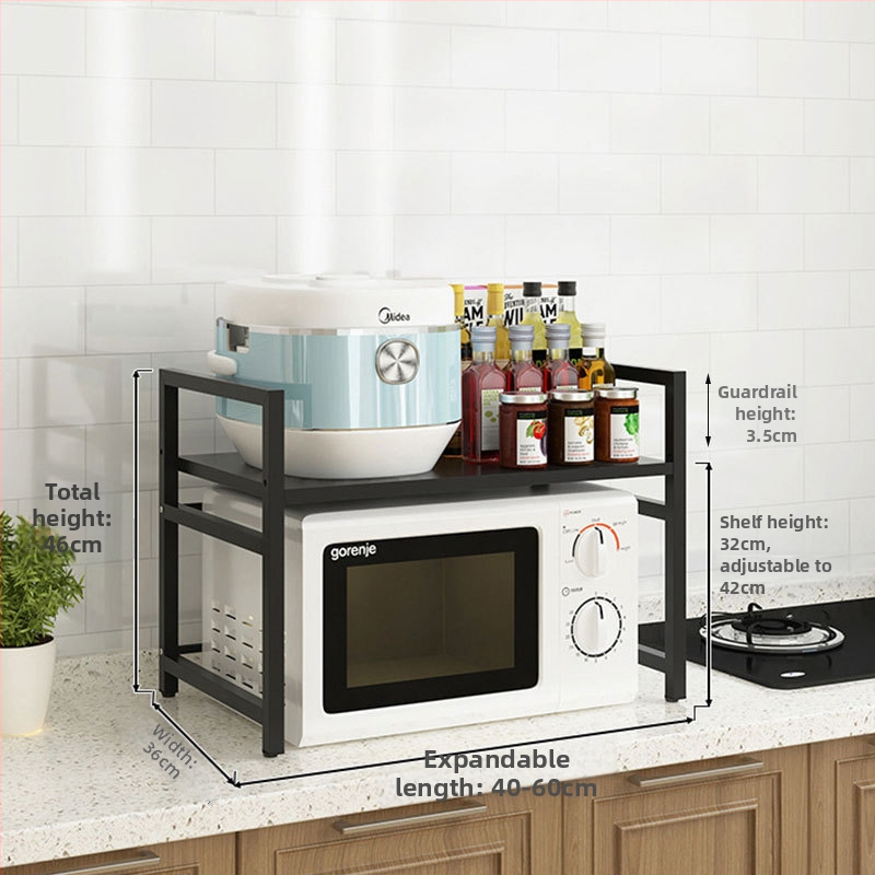 Kuchynský regál na skladovanie s teleskopickou policou pre mikrovlnnú rúru – dvojúrovňový, výškové nastavenie, multifunkčný; Materiál: uhlíková oceľ; Model: JNSDQ-905A; Štýl: Moderný minimalistický