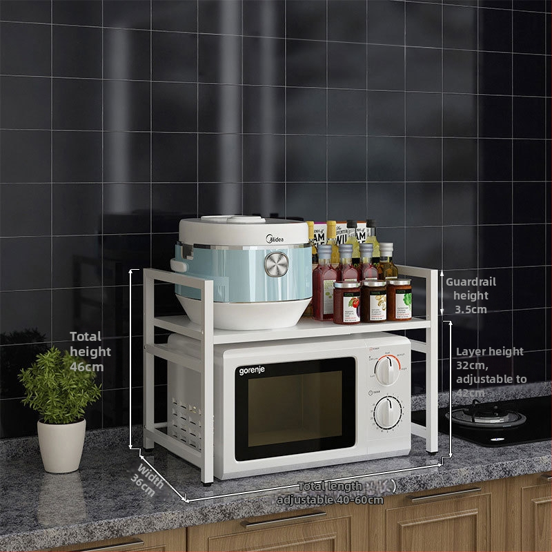 Kuchynský regál na skladovanie s teleskopickou policou pre mikrovlnnú rúru – dvojúrovňový, výškové nastavenie, multifunkčný; Materiál: uhlíková oceľ; Model: JNSDQ-905A; Štýl: Moderný minimalistický