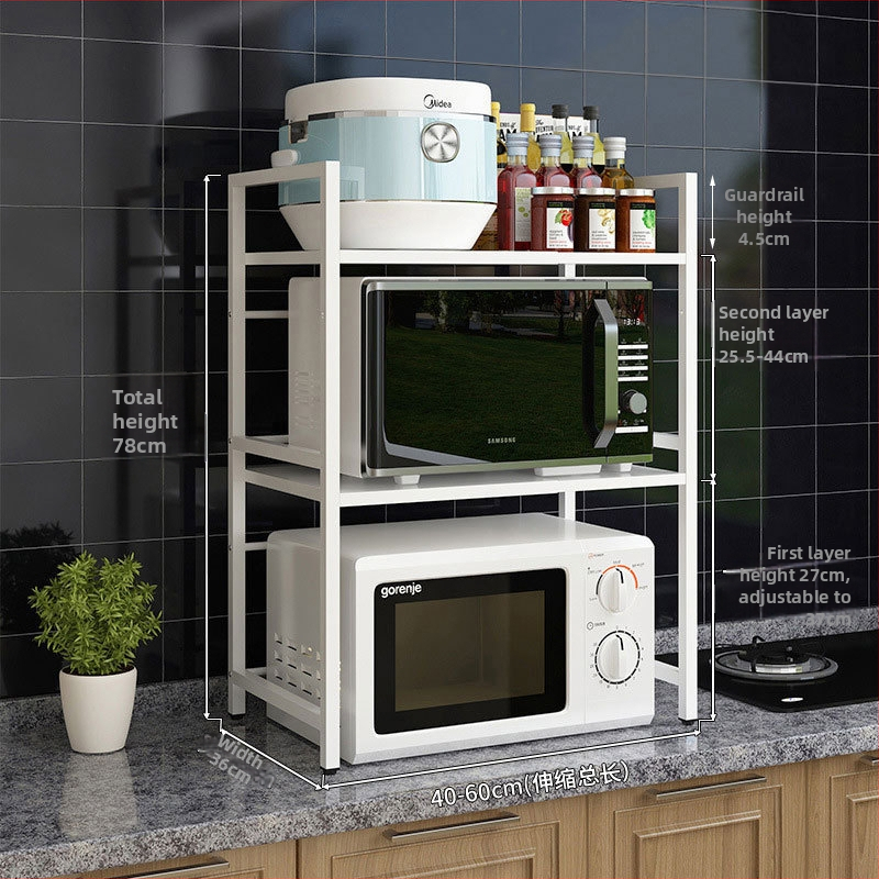 Kuchynský regál na skladovanie s teleskopickou policou pre mikrovlnnú rúru – dvojúrovňový, výškové nastavenie, multifunkčný; Materiál: uhlíková oceľ; Model: JNSDQ-905A; Štýl: Moderný minimalistický