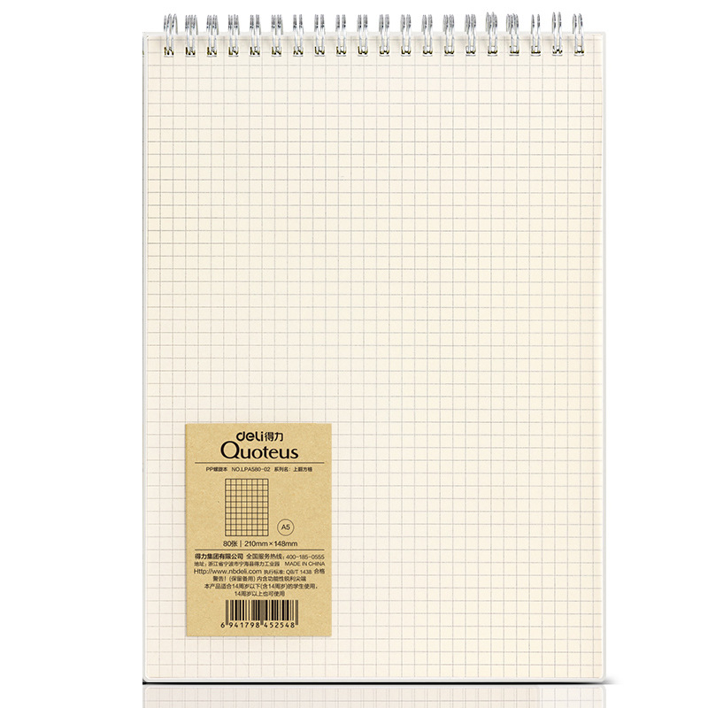 Bloc de notițe Deli cu legare spirală, model LPB580, hârtie din pulpă de lemn, 70 g/m², 50–100 pagini