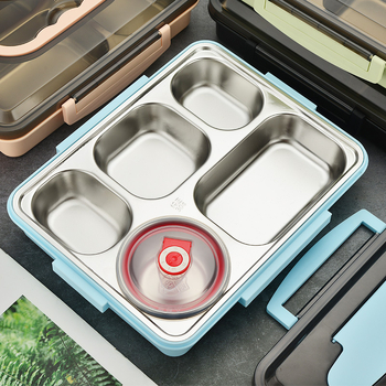 Kutija za dnevni obrok od plastike i 304 nehrđajućeg čelika, kvadratna, izolirana s zatvorenim pregradama, kapacitet 1-2 L, kompatibilna s mikrovalnom pećnicom