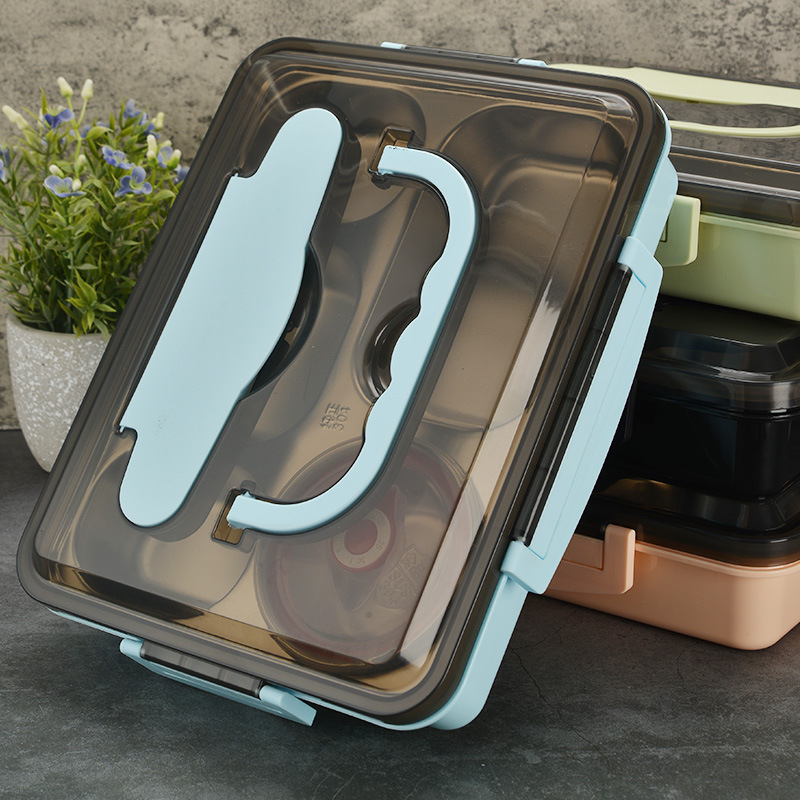 Kutija za dnevni obrok od plastike i 304 nehrđajućeg čelika, kvadratna, izolirana s zatvorenim pregradama, kapacitet 1-2 L, kompatibilna s mikrovalnom pećnicom