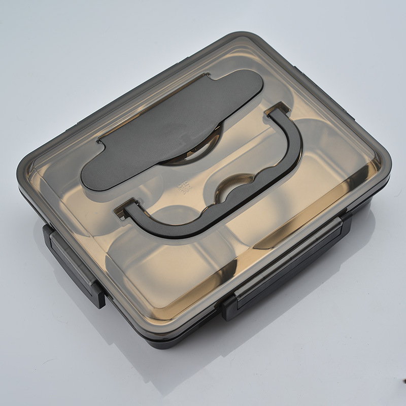 Kutija za dnevni obrok od plastike i 304 nehrđajućeg čelika, kvadratna, izolirana s zatvorenim pregradama, kapacitet 1-2 L, kompatibilna s mikrovalnom pećnicom