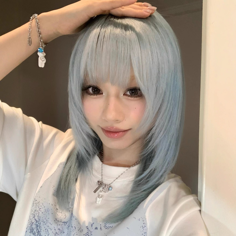 Fényes jégkék rövid egyenes paróka mullet-bob frizurával, Y2K cosplay, természetes, valósághű teljes paróka