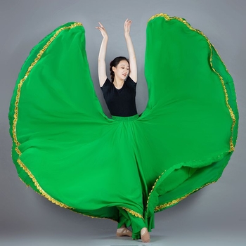 Dvostruko slojevita šifonska suknja A-linije sa zlatnim rubom, visokim strukom, za etničke plesove