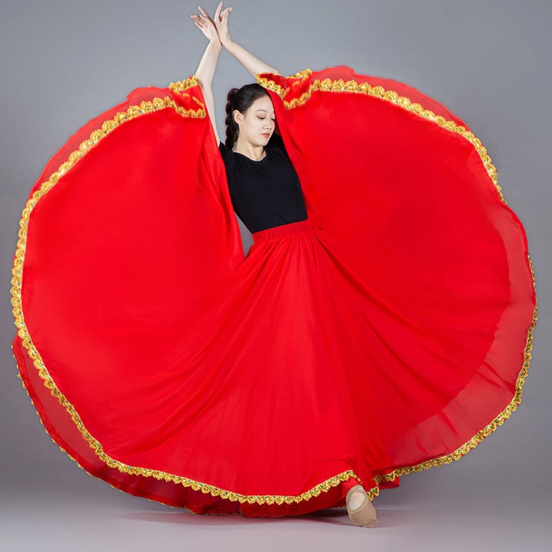 Dvostruko slojevita šifonska suknja A-linije sa zlatnim rubom, visokim strukom, za etničke plesove