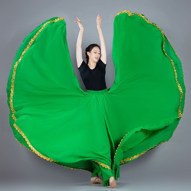 Dvostruko slojevita šifonska suknja A-linije sa zlatnim rubom, visokim strukom, za etničke plesove