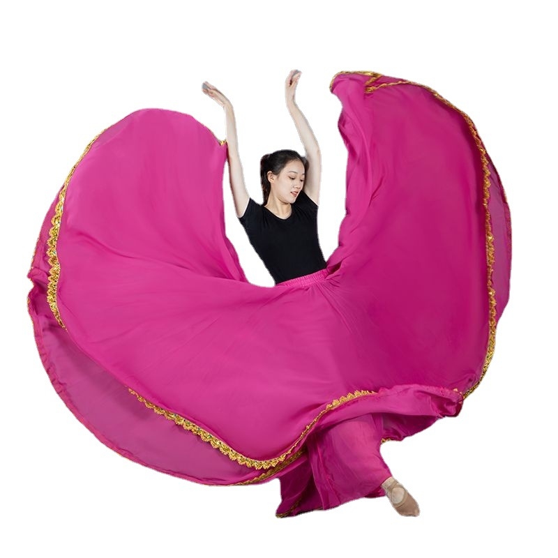 Dvostruko slojevita šifonska suknja A-linije sa zlatnim rubom, visokim strukom, za etničke plesove