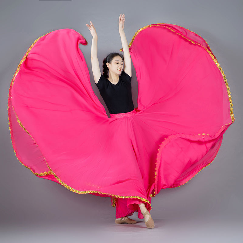 Dvostruko slojevita šifonska suknja A-linije sa zlatnim rubom, visokim strukom, za etničke plesove