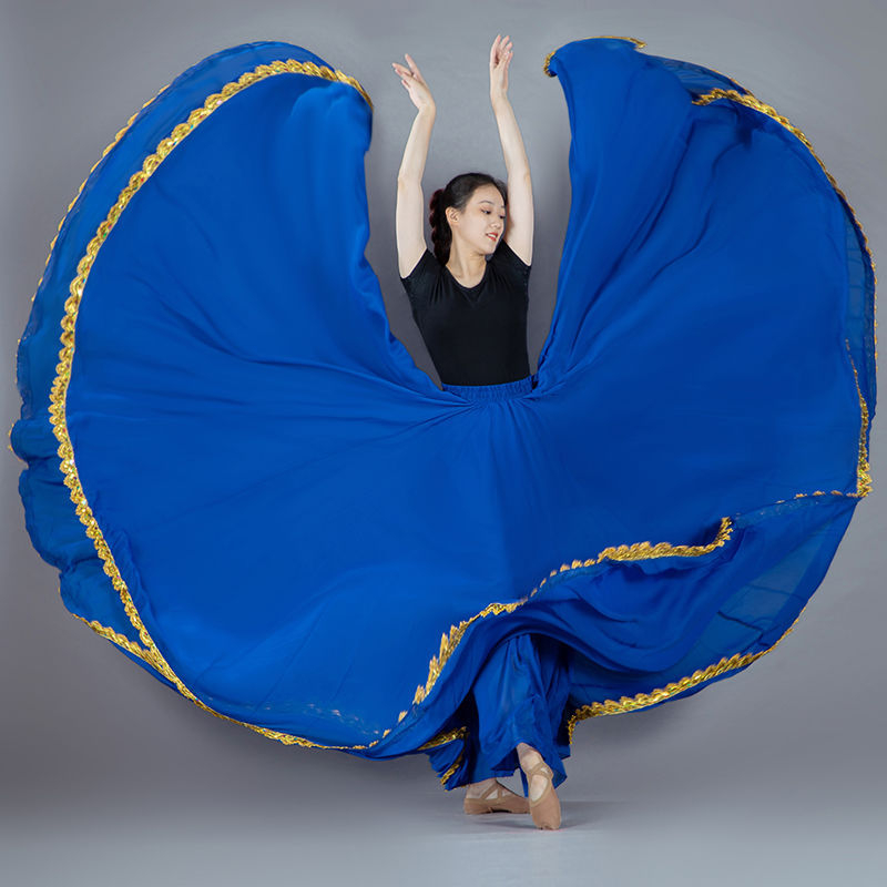 Dvostruko slojevita šifonska suknja A-linije sa zlatnim rubom, visokim strukom, za etničke plesove