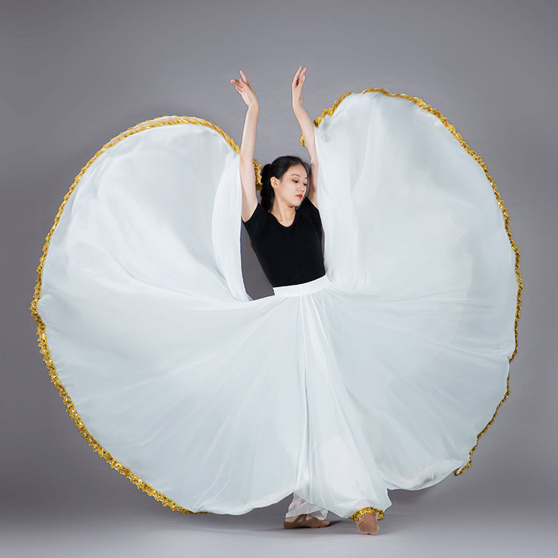 Dvostruko slojevita šifonska suknja A-linije sa zlatnim rubom, visokim strukom, za etničke plesove