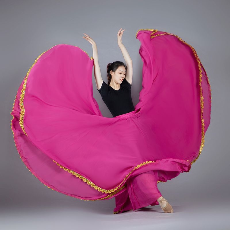 Dvostruko slojevita šifonska suknja A-linije sa zlatnim rubom, visokim strukom, za etničke plesove