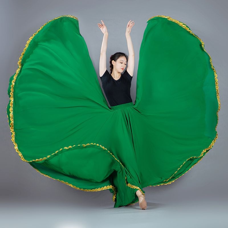 Dvostruko slojevita šifonska suknja A-linije sa zlatnim rubom, visokim strukom, za etničke plesove