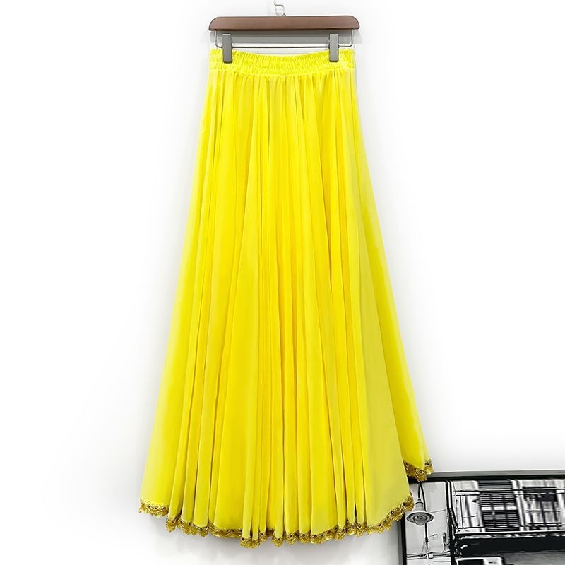 Dvostruko slojevita šifonska suknja A-linije sa zlatnim rubom, visokim strukom, za etničke plesove