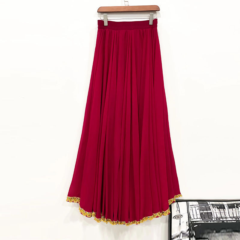 Dvostruko slojevita šifonska suknja A-linije sa zlatnim rubom, visokim strukom, za etničke plesove