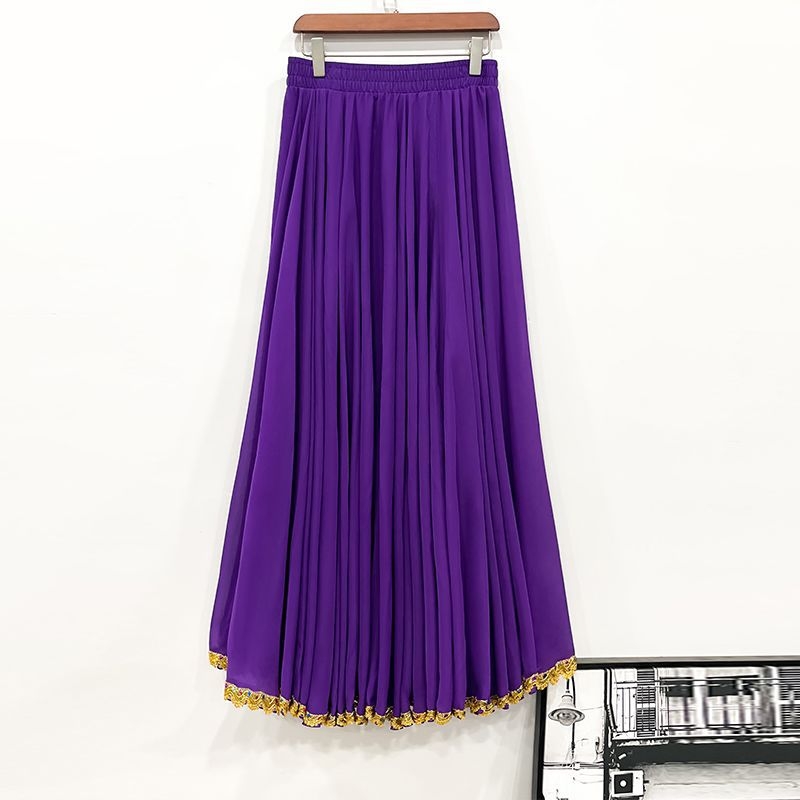 Dvostruko slojevita šifonska suknja A-linije sa zlatnim rubom, visokim strukom, za etničke plesove