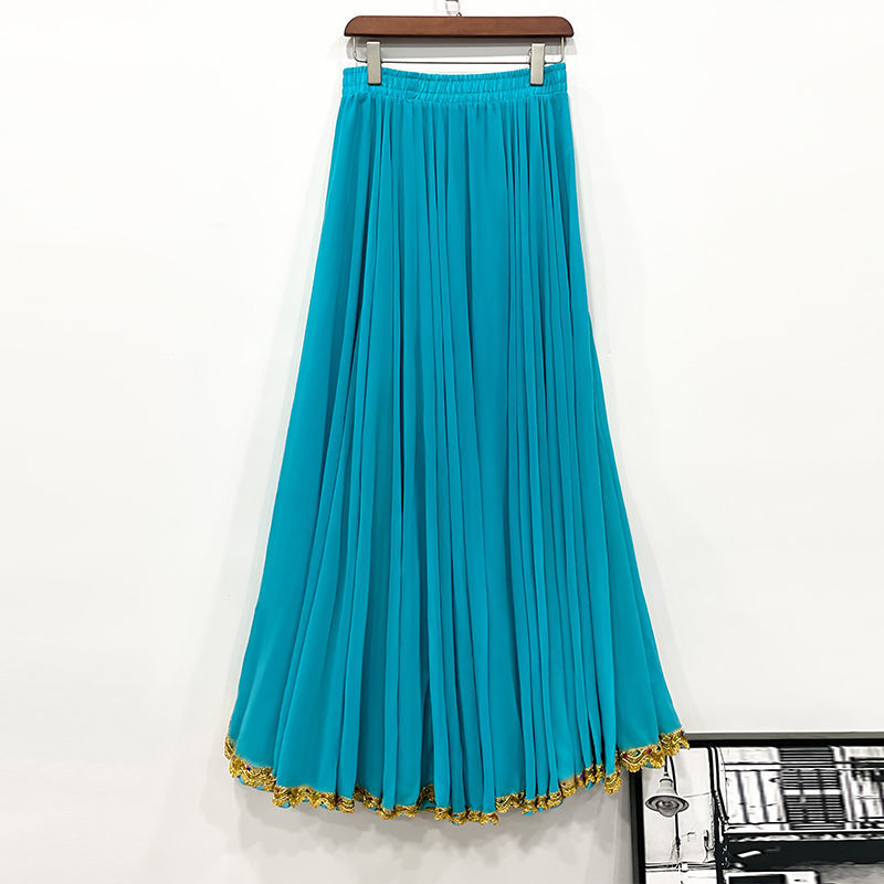 Dvostruko slojevita šifonska suknja A-linije sa zlatnim rubom, visokim strukom, za etničke plesove