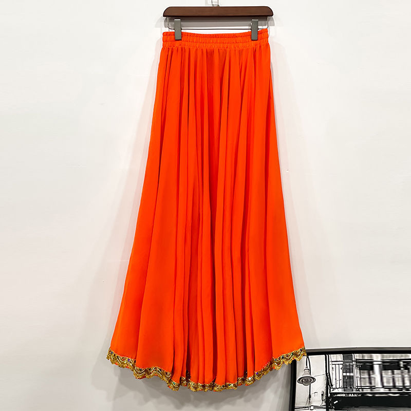 Dvostruko slojevita šifonska suknja A-linije sa zlatnim rubom, visokim strukom, za etničke plesove