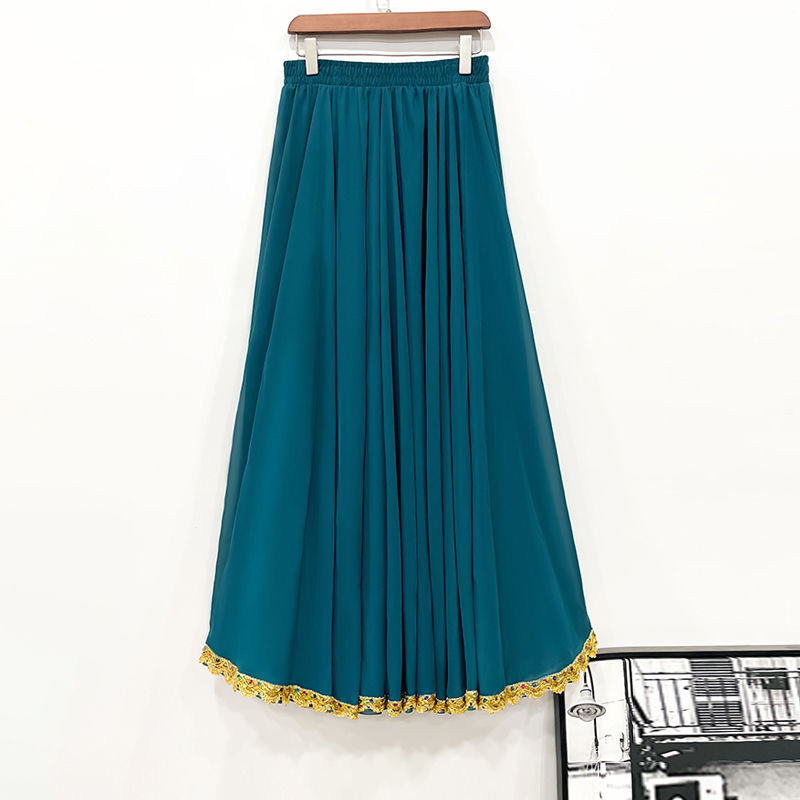 Dvostruko slojevita šifonska suknja A-linije sa zlatnim rubom, visokim strukom, za etničke plesove