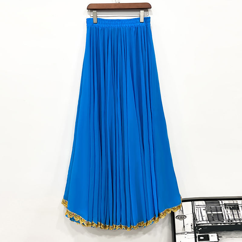 Dvostruko slojevita šifonska suknja A-linije sa zlatnim rubom, visokim strukom, za etničke plesove