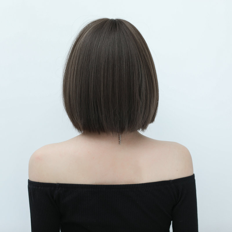 Ženska kratka ravna perika s bangs, vlakno otporno na toplinu, model XY-065, porijeklo Zhejiang