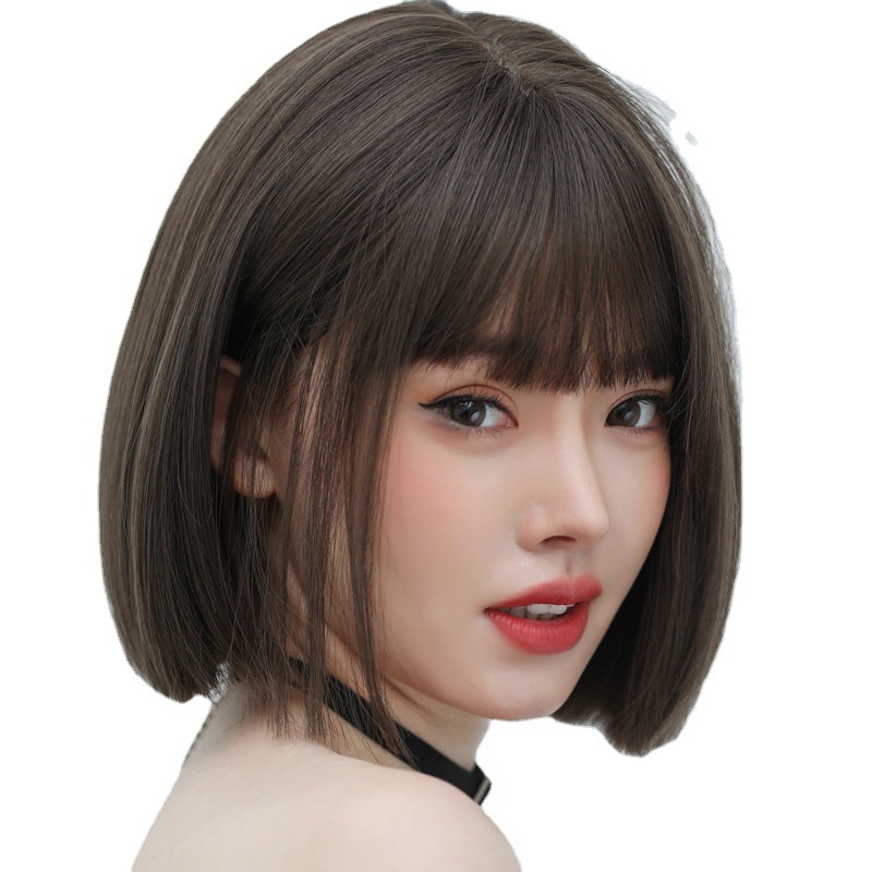 Ženska kratka ravna perika s bangs, vlakno otporno na toplinu, model XY-065, porijeklo Zhejiang